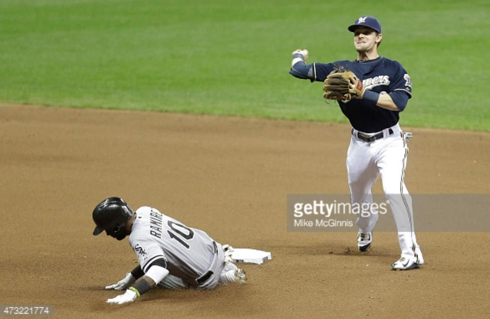 Scooter Gennett, Brewers second baseman, turns the double play as Alexei Ramirez of the Chicago White Sox slides into second base on Wednesday. The White Sox would wing the game, 4-2, and the series, 2-1. Photo provided by Getty Images.