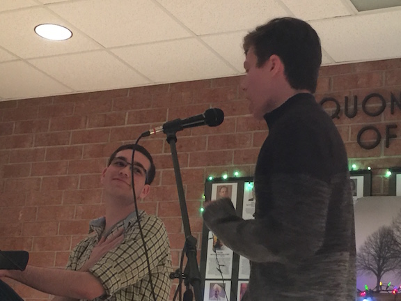 Jake Schaum and Ethan Gilerovich, seniors, sing the song "My Heart Will Go On" by Celine Dion at HHS Unplugged. Schaum and Gilerovich chose to perform "My Heart Will Go On" because it is their favorite song. "I felt like I needed to do something besides rapping and screaming at the audience, so I chose to sing that song," Schaum said. 