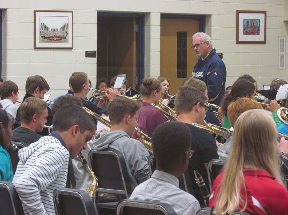 Mr. Todd Spindler, band director, teaches a combination of Symphonic and Concert band.  The band, in its marching season, has played for the home football games.  “In marching season you go over the marching outside, like steps,” Lane Starret, Senior, said of band sectionals.