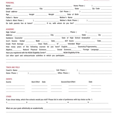 recruiting college recruitment questionnaire forms form win game aspiring athletes typical fill