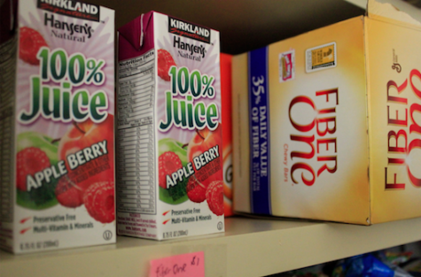 100 percent juice and Fiber One granola bars are just two of the wide variety of snacks available in the MACC Fund snack cabinet in Room 207. 