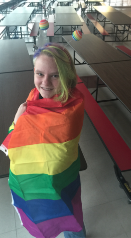 Jenna Buraczewski, sophomore and cofounder of the GSA, wraps herself with the club’s rainbow flag. The GSA reconvened on Nov. 13, 2014, for a new meeting to discuss LGBTQ issues in the media. Discussing her goals as a leader of the GSA, she stated, “Honestly, as a leader of the GSA, I want my role as a leader to diminish as much as possible and I want to see the kinds in the club to take on the leadership roles.” 