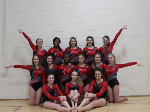 The varsity gymnasts pose for a picture before a meet.  Homestead is led by a brand new coach this year.