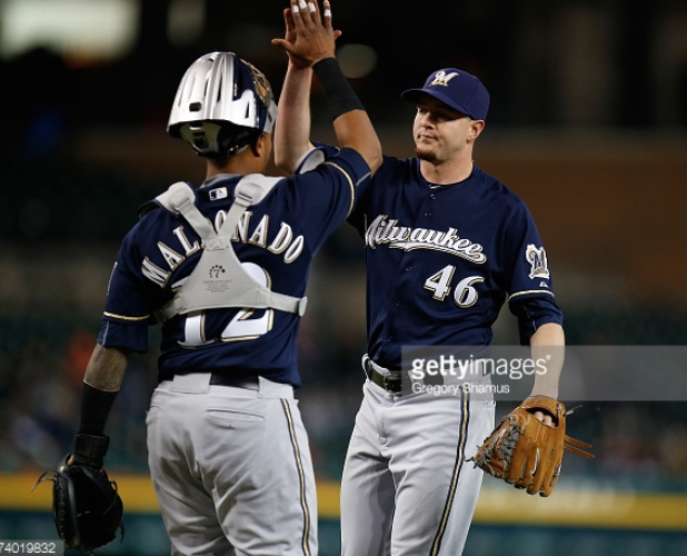 Corey Knebel, Brewers reliever, celebrates an 8-1 victory over the Detroit Tigers last Tuesday night with Martin Maldonado, catcher. The Brewers went 4-6 on the road trip. Photo provided by Getty Images.