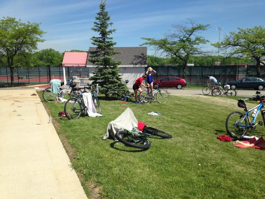 Students get ready to start biking.