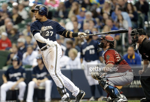 Carlos Gomez, Brewers centerfielder, hits an RBI double in the fifth inning against the Arizona Diamondbacks on May 31st at Miller Park. The Brewers won, 7-6, in 17 innings, the longest game in the history of Miller Park. Photo provided by Getty Images.