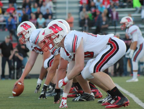 The offensive line of Homestead prepares for a play during the first half of Thursday's game.