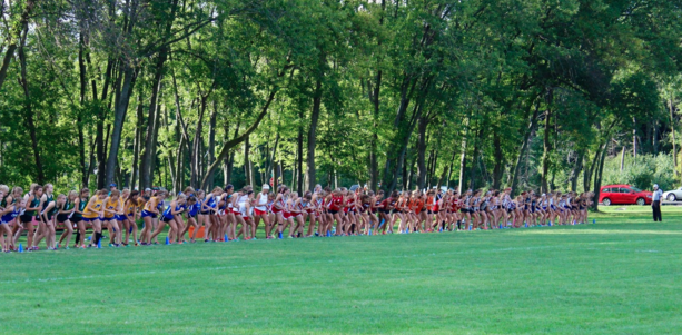 The Homestead varsity girls cross country team lines up at the start for a meet at Arrowhead High School.