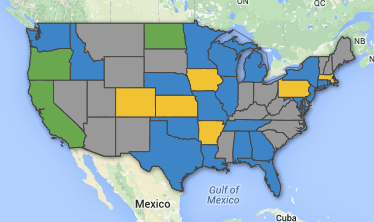 The blue states are where there currently is a campaign pending to protect either high school or college journalists' First Amendment rights, with the other demographic already protected. The green states are where both high school and college  students are protected from censorship. Yellow states have added protection for high schoolers, but not for college students. Gray states do not have any protection nor campaigns. Screenshot taken from newvoicesus.com