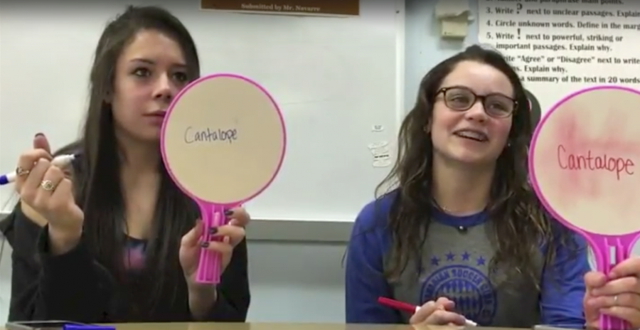Sally Bradford, senior, and Megan Hagerty, sophomore, attempt to spell the word cantaloupe.