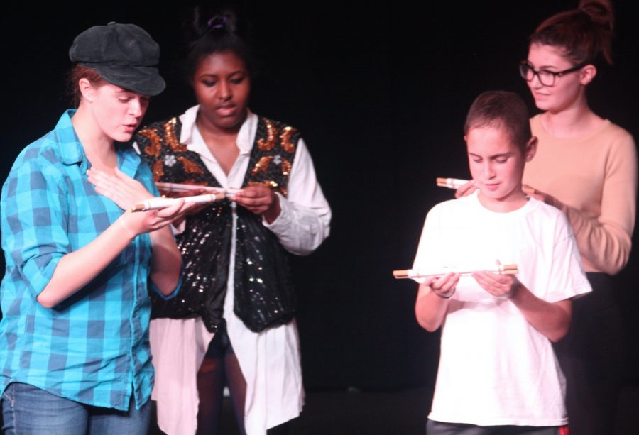 Featured from left to right: Miranda Grisa, senior, Jada Carroll, junior, Kaitlin Limbach, freshman and Ethan Schlesinger, freshman. The actors perform a scene from Shakespeares tragedy, Romeo and Juliet. The act wasnt practiced and was completely improvised. Everyone worked so well as a group and cheered each other, Limbach said. The performance was amazing.