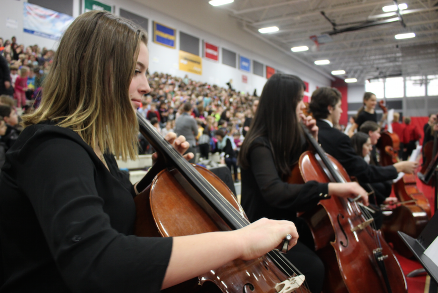 Megan Soyka, freshman, plays the cello during the annual Mequon-Thiensville School District music showcase. 