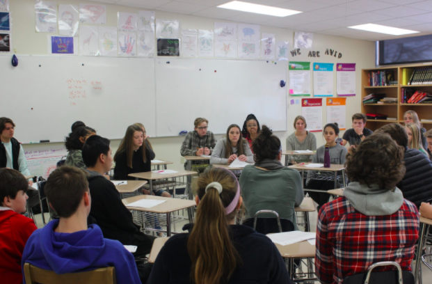 Second hour AVID classes participate in a socratic seminar to discuss the controversial Logan Paul video.