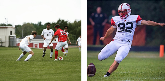 (Left) Jordan Gomez steals the ball away from a Middleton High School player. (Photo by Todd Hanson) (Right) Gomez kicks a field goal in the Homestead vs Port Washington game in August of 2018. (Photo by Margo Dolan)