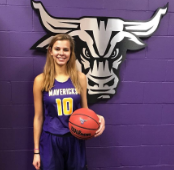 Grace Mueller, junior, smiles while repping her future college basketball team, Minnesota State University, Mankato. 