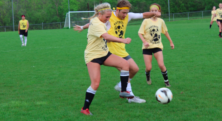 Hannah Sonnentag, senior, steals the ball from Jack Riebau, senior, during the second half of the game. 