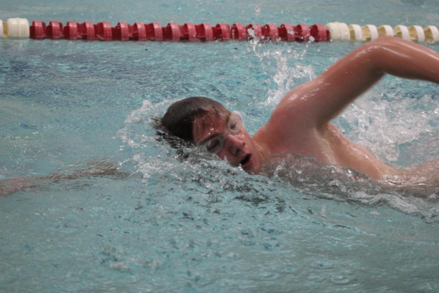 Ben Luettgen, senior, takes a breath during his freestyle stroke.