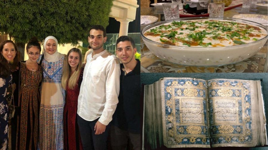 Left, Serena Said, senior,and family celebrate Ramadan together. Top right, Smeeah Haider-Shah shares a classic dish. Bottom right, the holy book of the Quran.