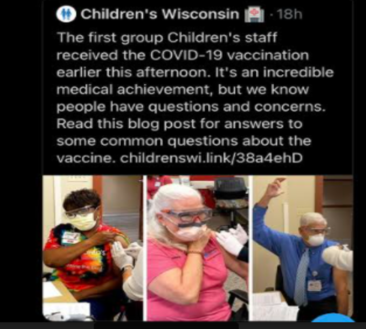 Children’s Wisconsin posts a celebratory tweet in honor of the first group of their staff to receive the Pfizer BioNTech COVID-19 vaccine.