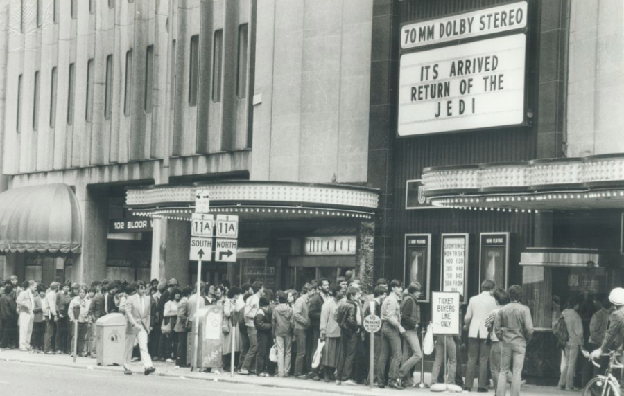 Star Wars fans congregate outside a cinema for the premiere of Return of the Jedi. A sight like this has gone unseen for the past few months due to the pandemic.