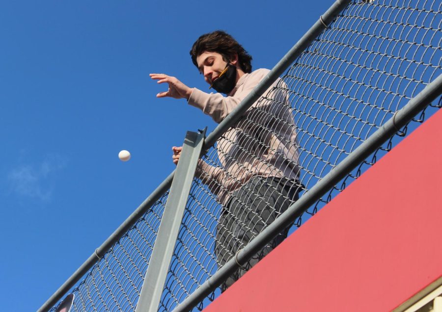 Thomas OLeary, junior, releases his egg from five meters off of the ground
