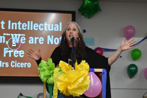 Angelina Cicero, English teacher, stresses the importance of reading in her speech. 