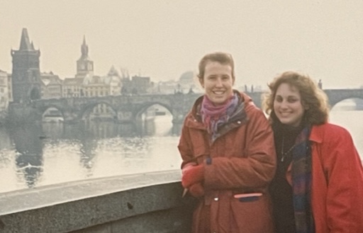 Lara Khmelevsky, Spanish teacher, (right) poses in front of a bridge in Prague, Czechoslovakia. 