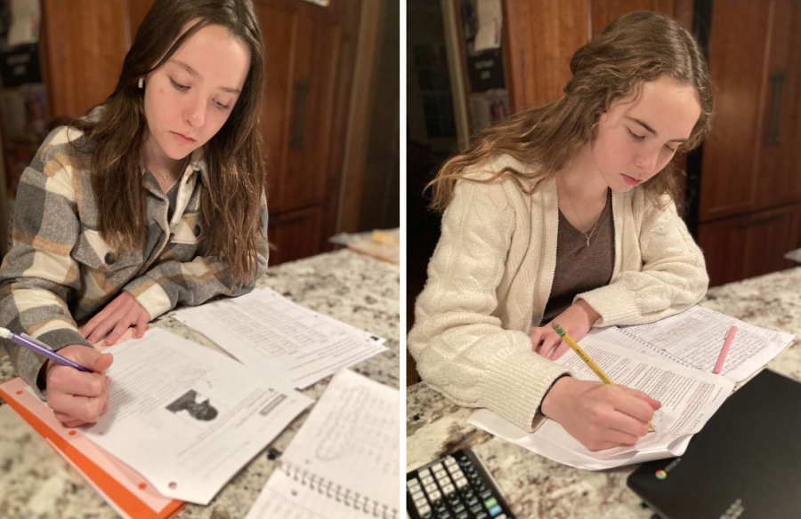 Hannah Martyn (left), Grace Martyn (right), sophomores, complete homework.