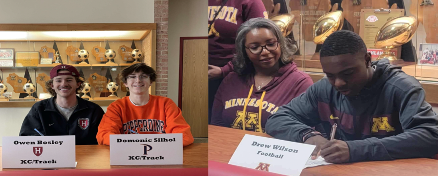 Owen Bosley and Dominic Silhol finalize their commitments to run at the collegiate level. Drew Wilson signs his commitment papers to play football for the University of Minnesota.