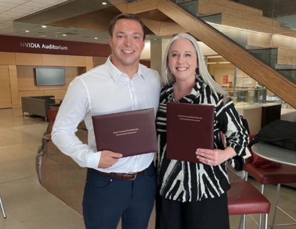 Zach Teplin and Angelina Cicero stand with their awards in the Engineering Department at
Stanford University on April 29, 2023.