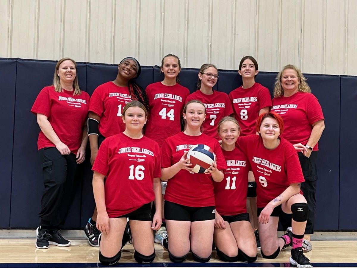 Morgan Patterson (top center left), freshman, with her Volleyball for Junior Highlanders team, (From top left to bottom right) Coach Carroll Ramos, Cali Lewis, freshman, Grace Holz, freshman, Lola Leaman, freshman, Coach Jodi Holz, Hailey Kane, freshman, Samantha Holtmeier, freshman, Gabby Brunner, freshman, and Sam Miller, freshman