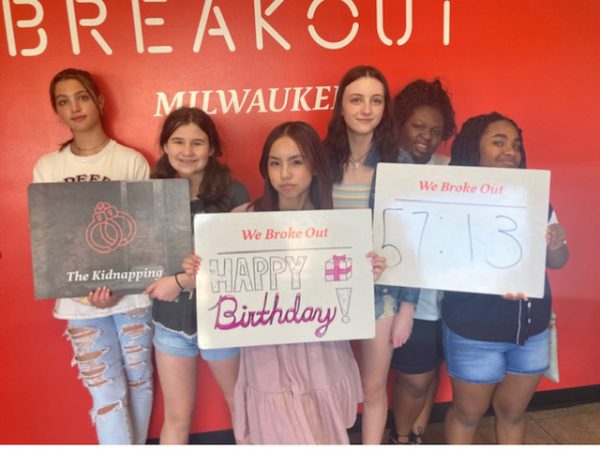 Adrianna Kelly (second from the left), freshman does an escape room at a friends birthday party with Allie Smeyan, Maggie Wendorf, Camryn Bennett, Trinity Crouther, and Trooper Owens, freshmen.