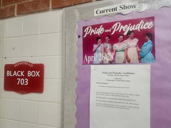 The Pride and Prejudice audition notice sits outside the black box for students to see.
