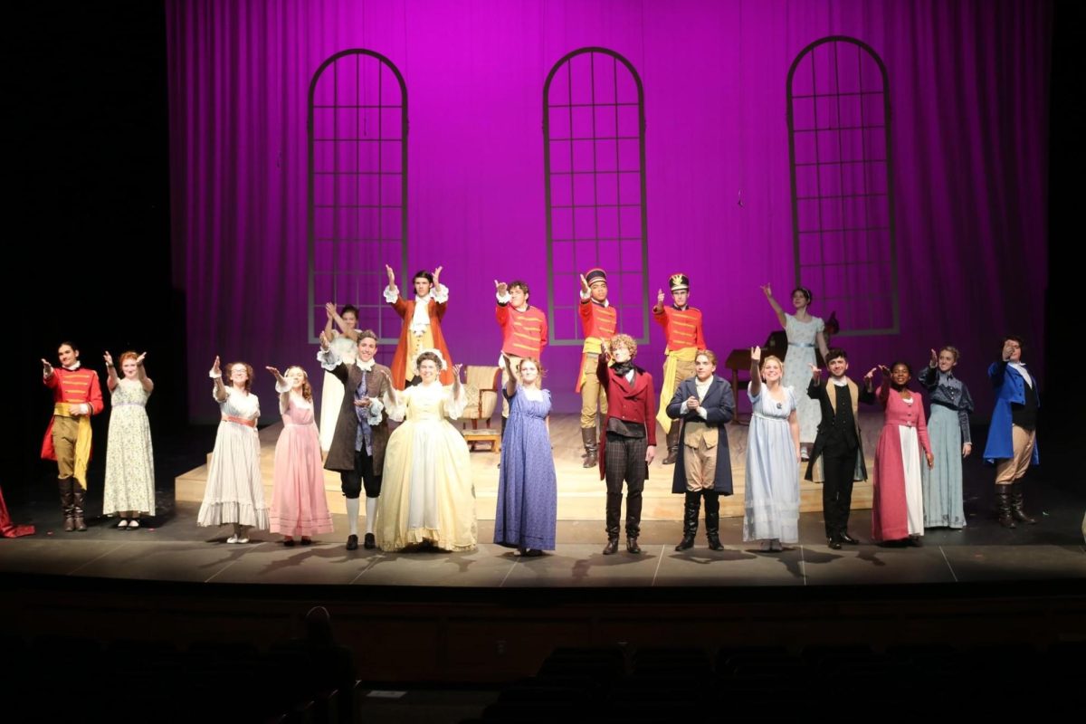 The cast of Pride and Prejudice takes their bows during rehearsal.