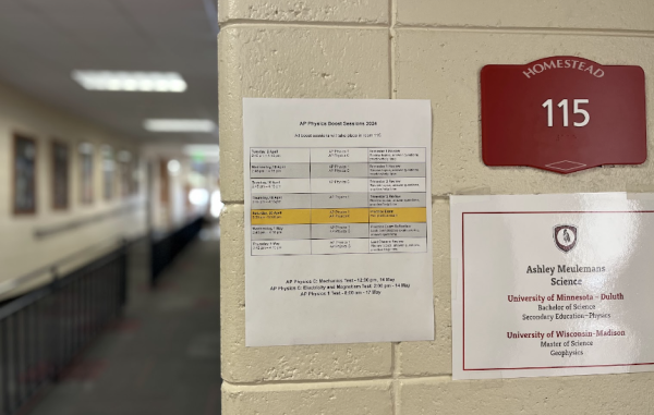 The AP Physics boost schedule hangs out in the science hall for students to see.