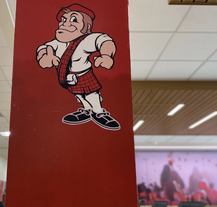 
Highlander mascot, Angus, watches over the Highlander Cafe adjacent to Attendance Office.
