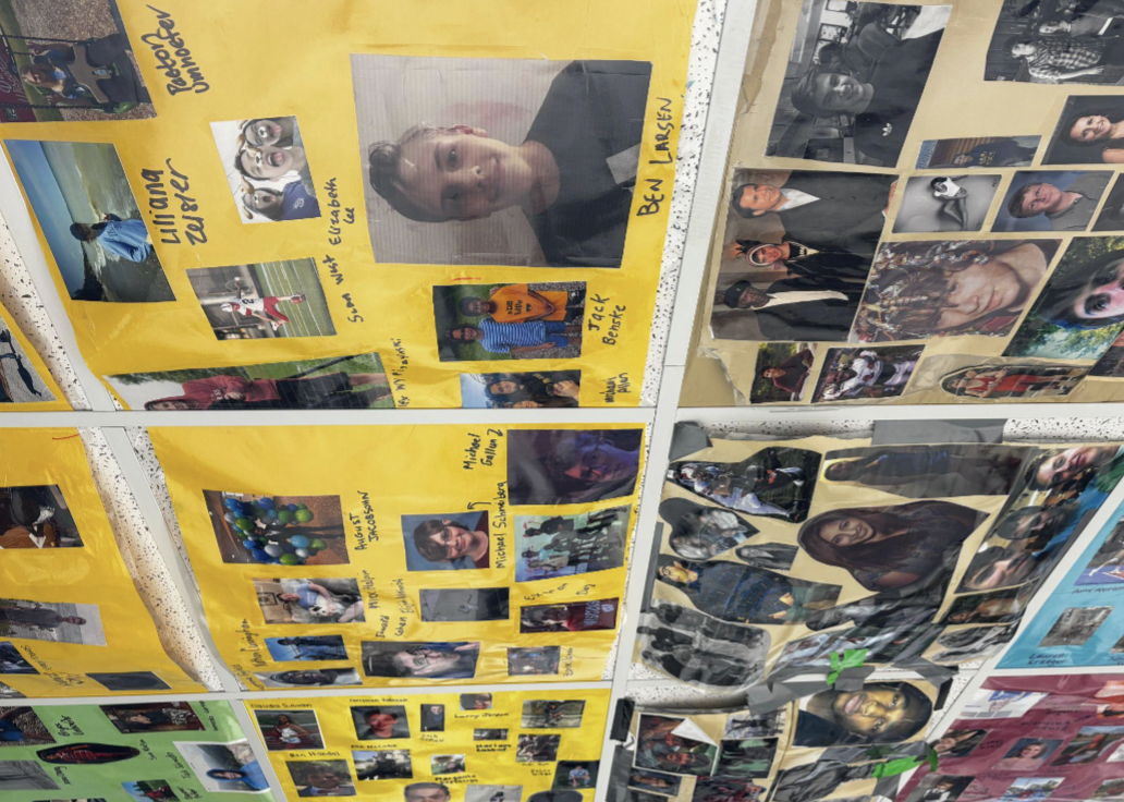 This is the ceiling in the Multimedia room where the posters have lots of pictures of past Multimedia students. 