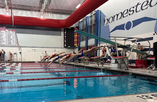 Homestead Varsity Swimmers dive into the pool to start their 100-yard butterfly against Whitefish Bay